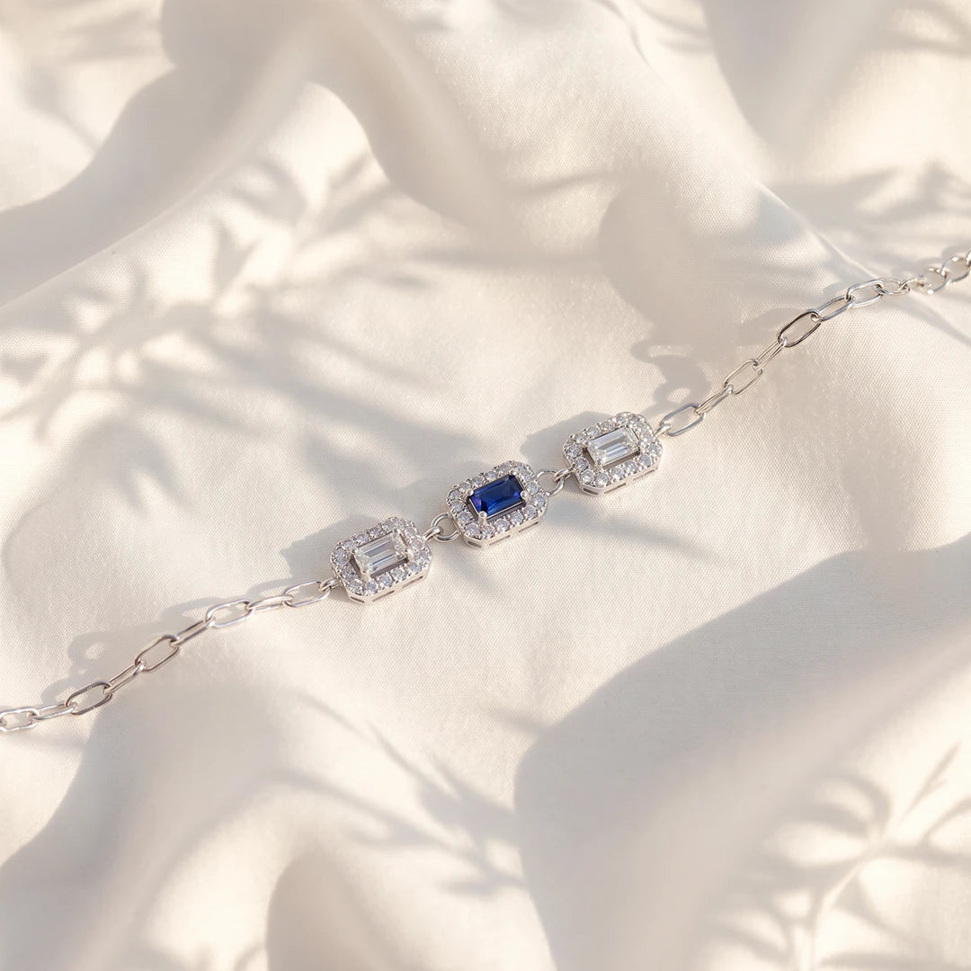 Royal Blue Square Halo Trio Ladies Bracelet | 925 Sterling Silver