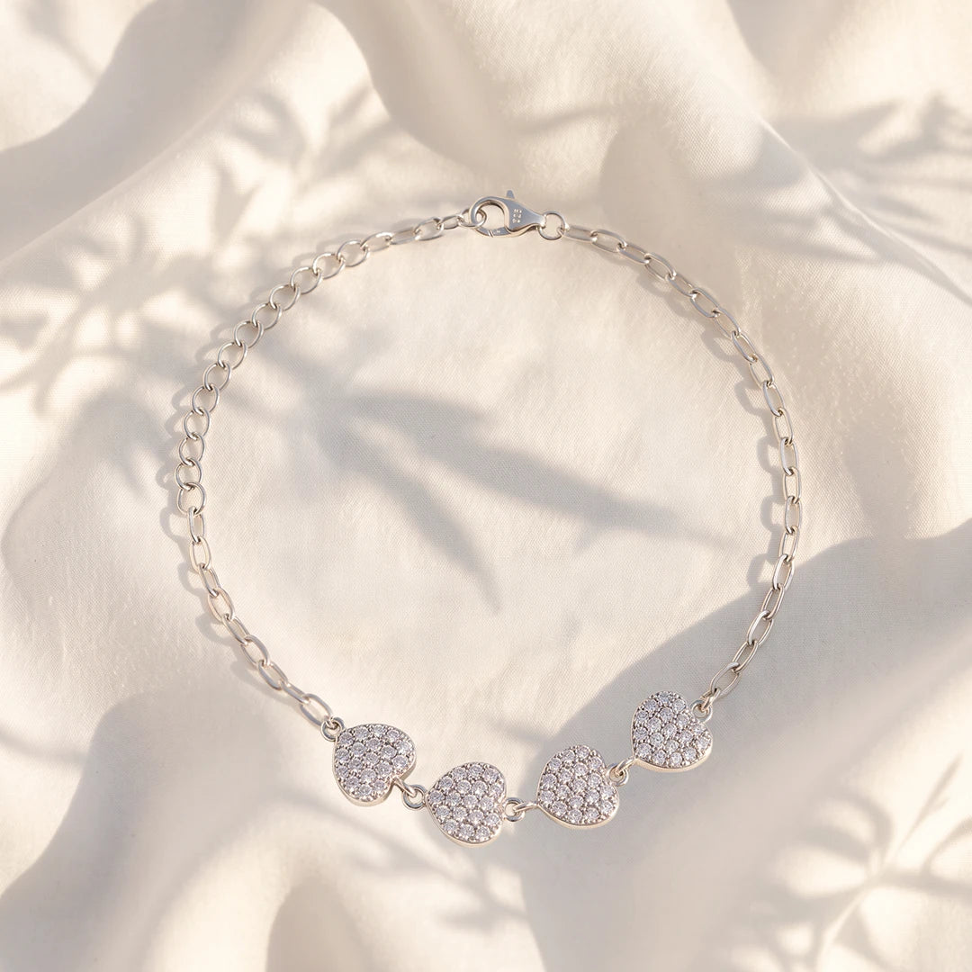 Four Heart Pavé Ladies Bracelet | 925 Sterling Silver