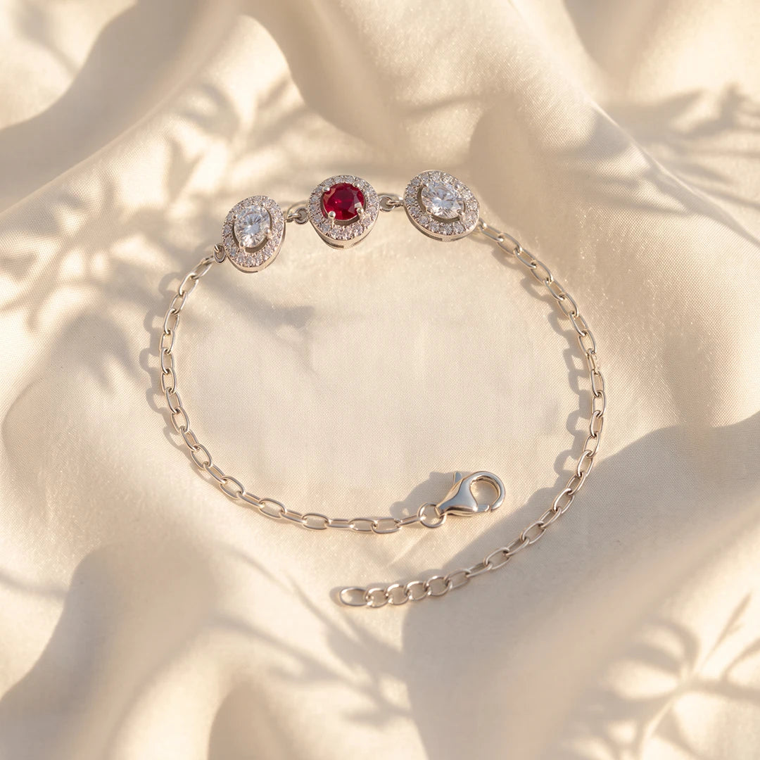 Ruby Red Trio Halo Ladies Bracelet | 925 Sterling Silver