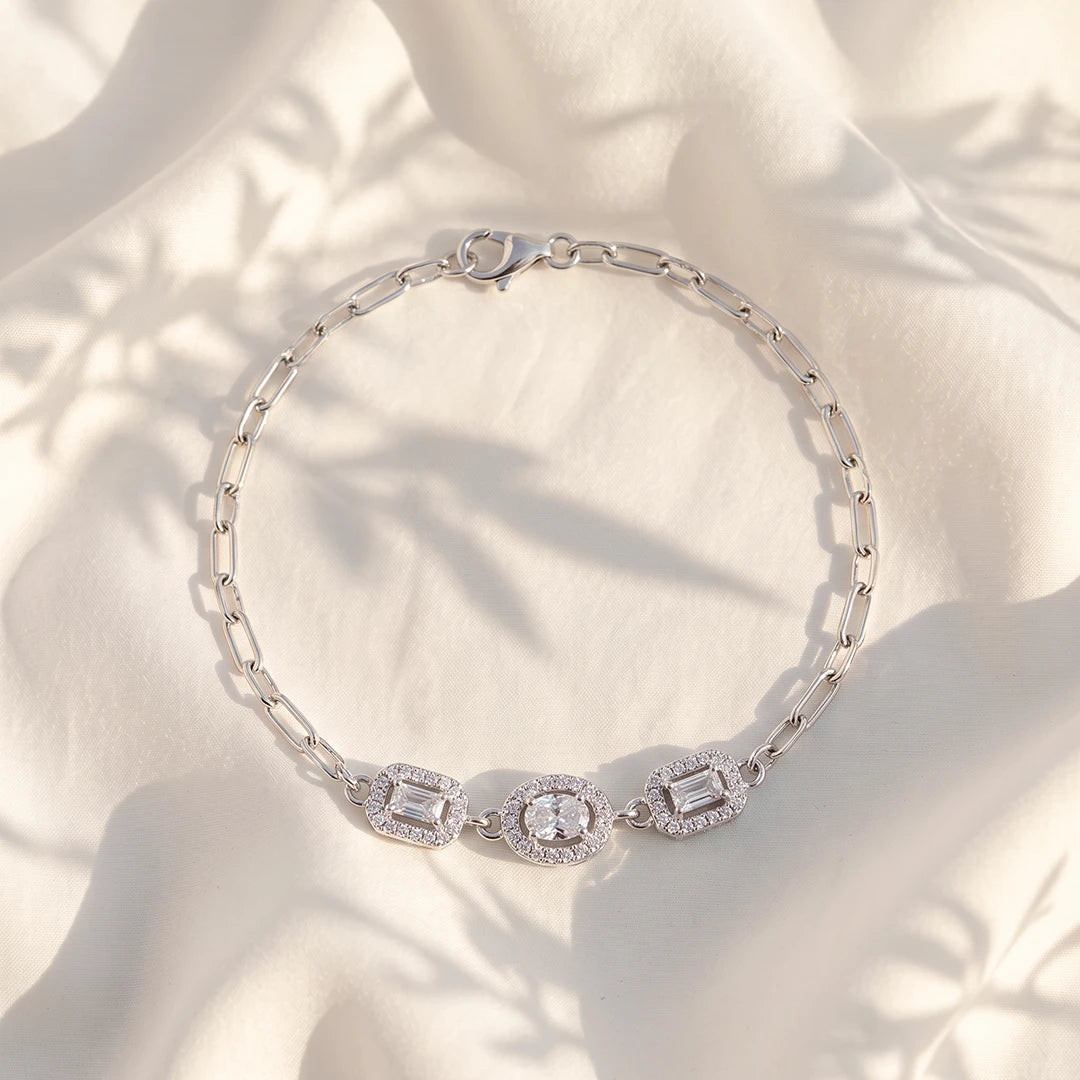 Mixed-Cut Trio Halo Link Ladies Bracelet | 925 Sterling Silver