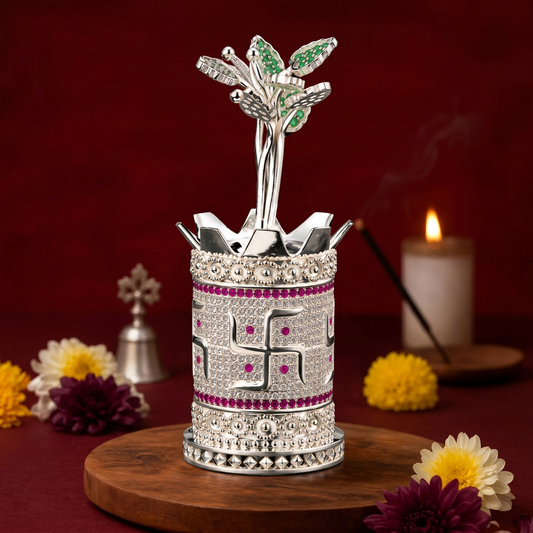 Silver Tone Tulsi Plant Showpiece with Swastik & Green Stone Leaves