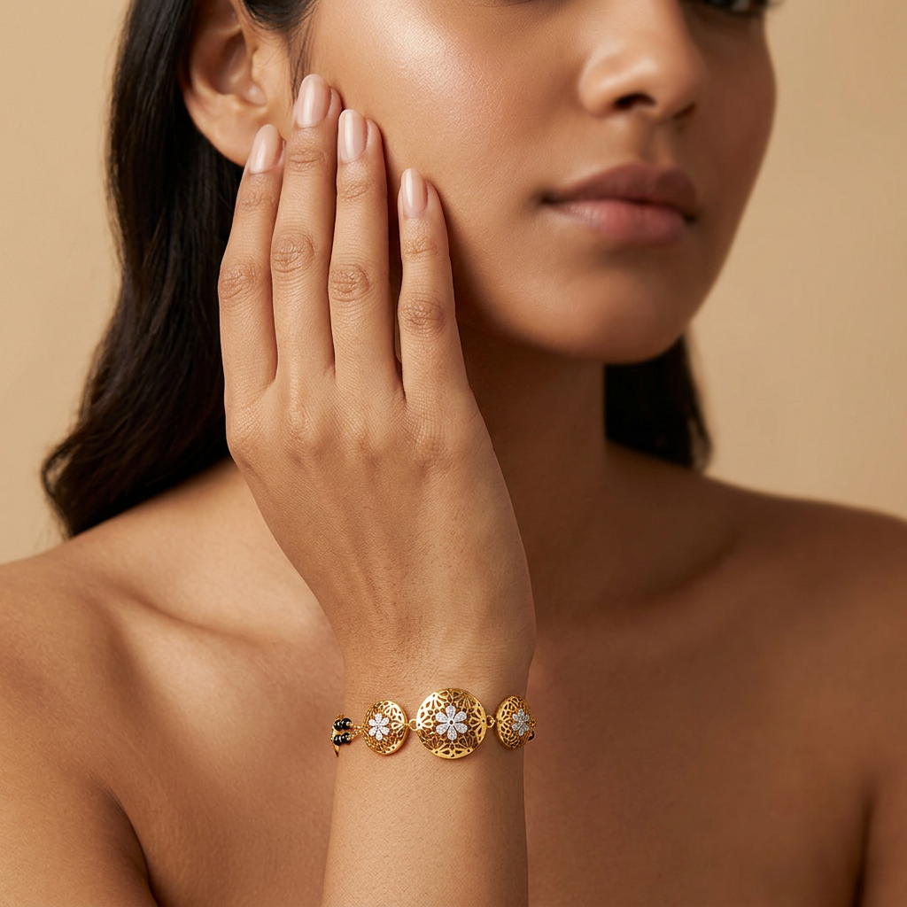 Golden Jaali Daisy Medallion Ladies Bracelet | 925 Sterling Silver