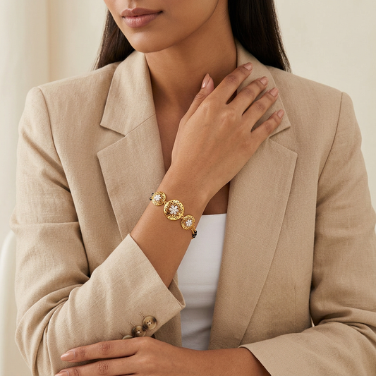 Golden Jaali Daisy Medallion Ladies Bracelet | 925 Sterling Silver