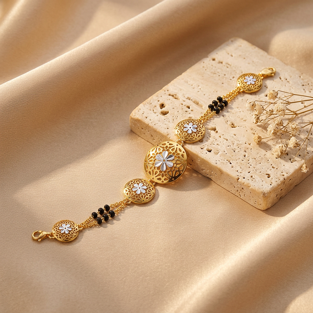 Golden Jaali Daisy Medallion Ladies Bracelet | 925 Sterling Silver