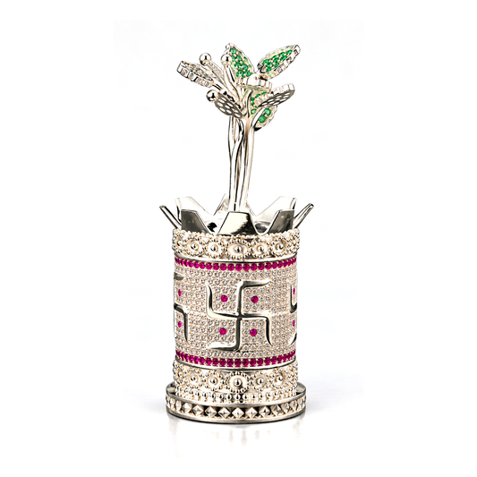 Silver Tone Tulsi Plant Showpiece with Swastik & Green Stone Leaves