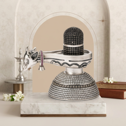 Antique Silver Tone Shivling with Nandi & Black Stone Work