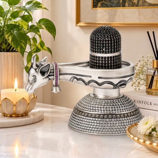 Antique Silver Tone Shivling with Nandi & Black Stone Work
