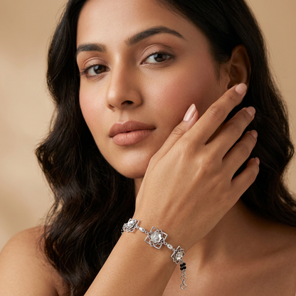 Silver Lotus Square Frame Ladies Bracelet | 925 Sterling Silver