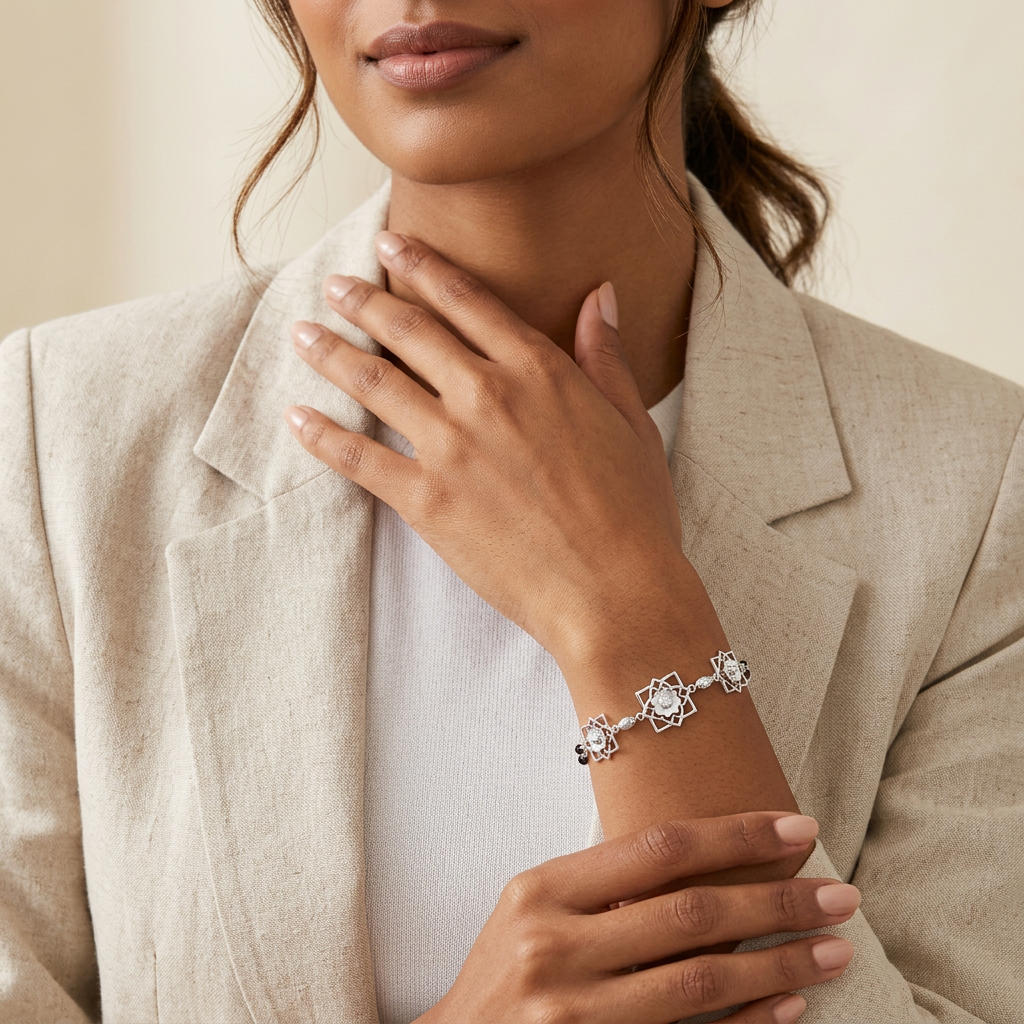 Silver Lotus Square Frame Ladies Bracelet | 925 Sterling Silver