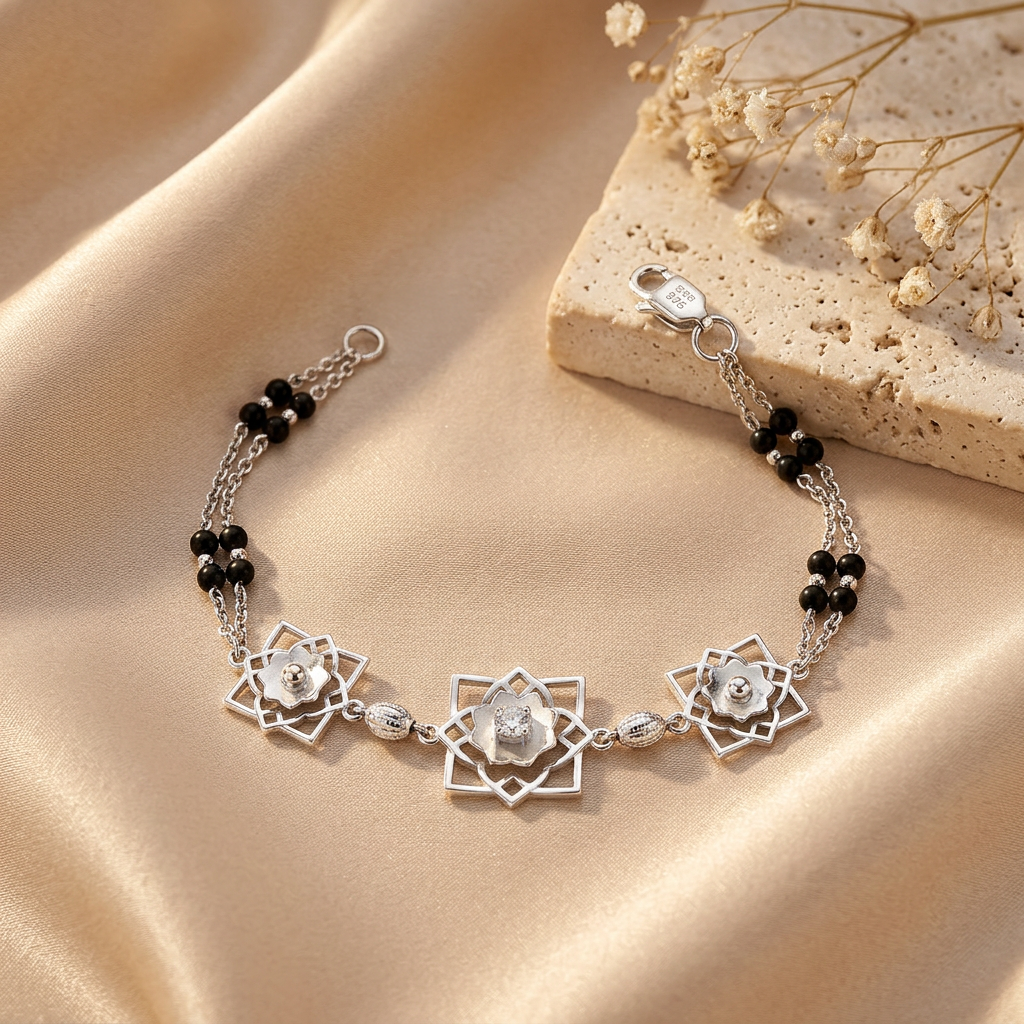 Silver Lotus Square Frame Ladies Bracelet | 925 Sterling Silver