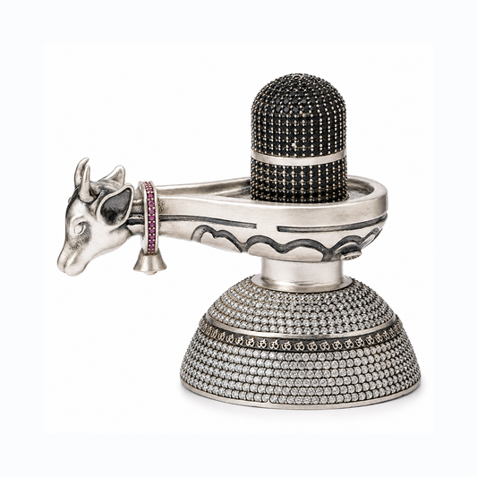 Antique Silver Tone Shivling with Nandi & Black Stone Work