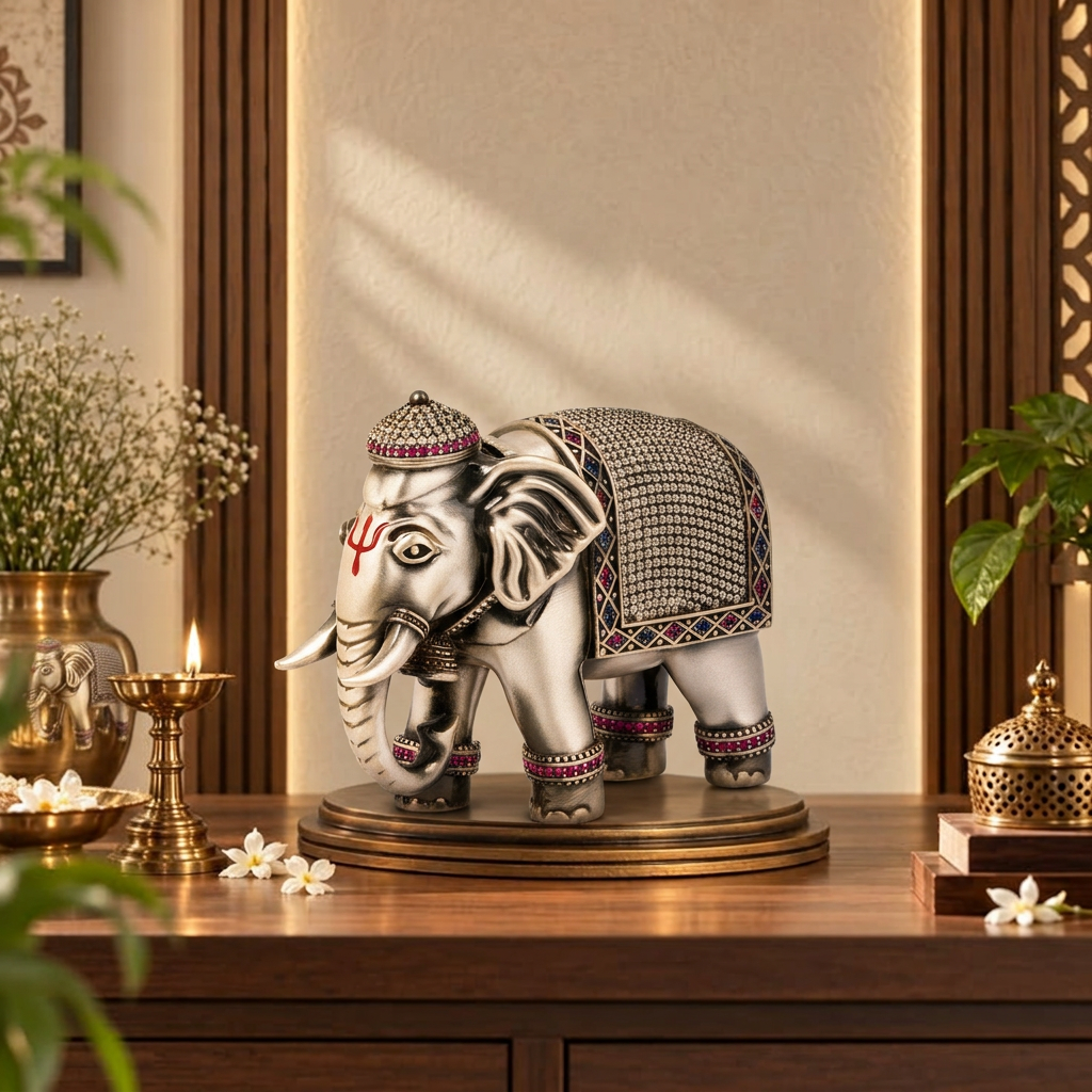 Antique Silver Tone Decorative Elephant Statue with Multicolor Stone Work