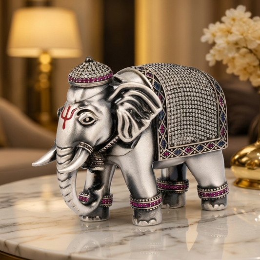 Antique Silver Tone Decorative Elephant Statue with Multicolor Stone Work