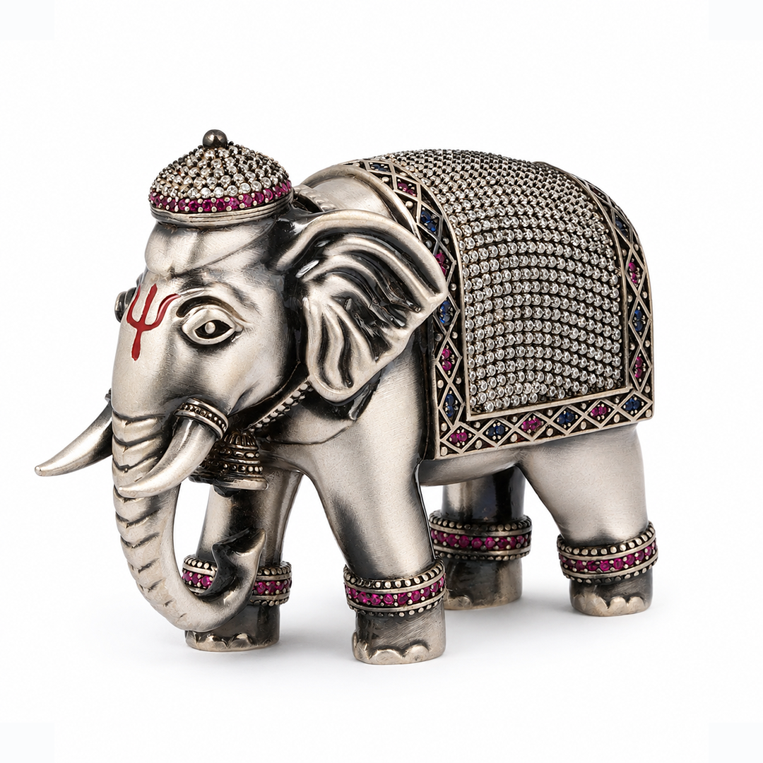 Antique Silver Tone Decorative Elephant Statue with Multicolor Stone Work
