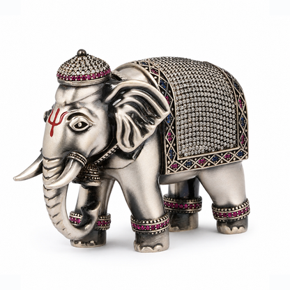 Antique Silver Tone Decorative Elephant Statue with Multicolor Stone Work