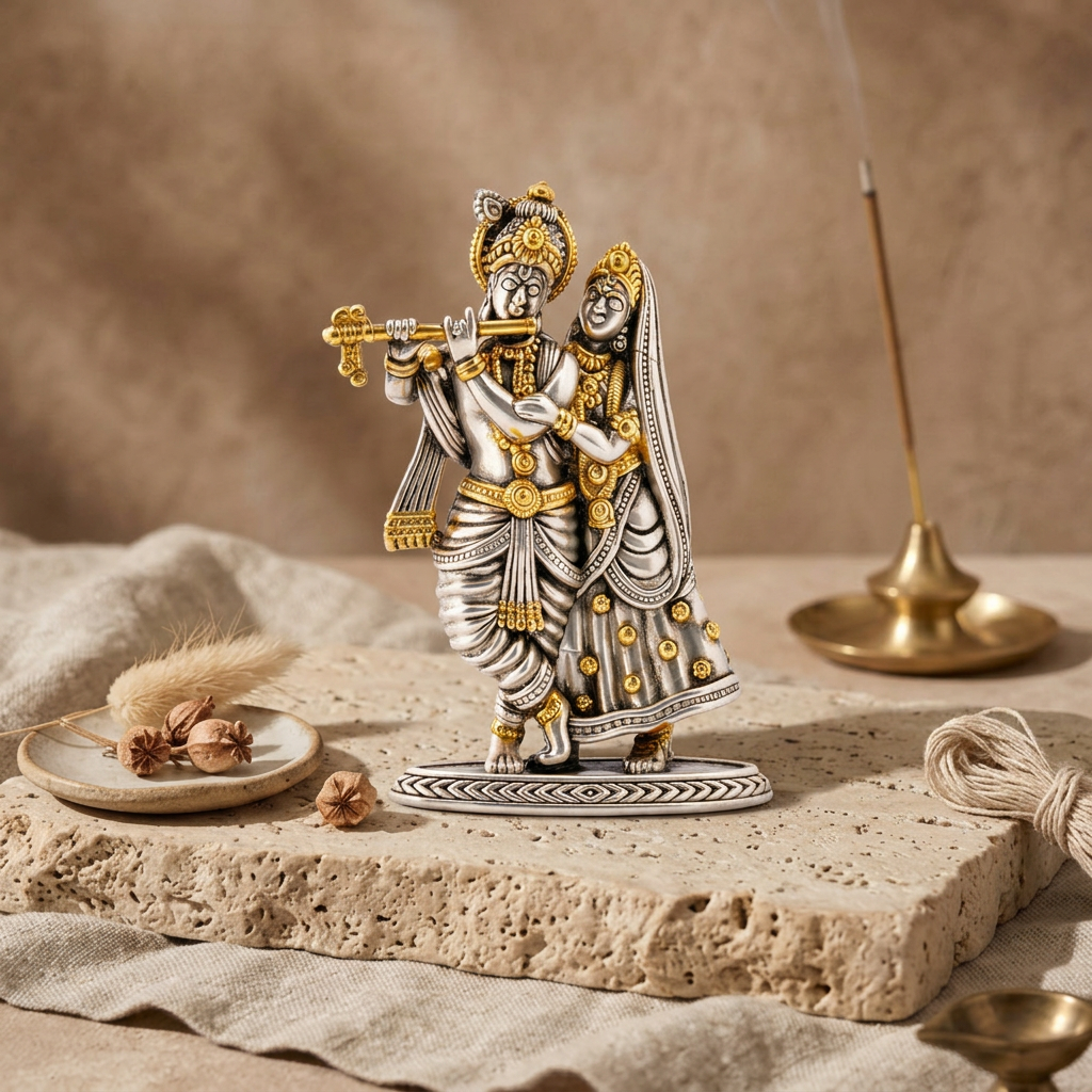 Antique Silver & Gold Tone Radha Krishna Idol with Flute