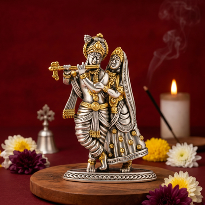 Antique Silver & Gold Tone Radha Krishna Idol with Flute
