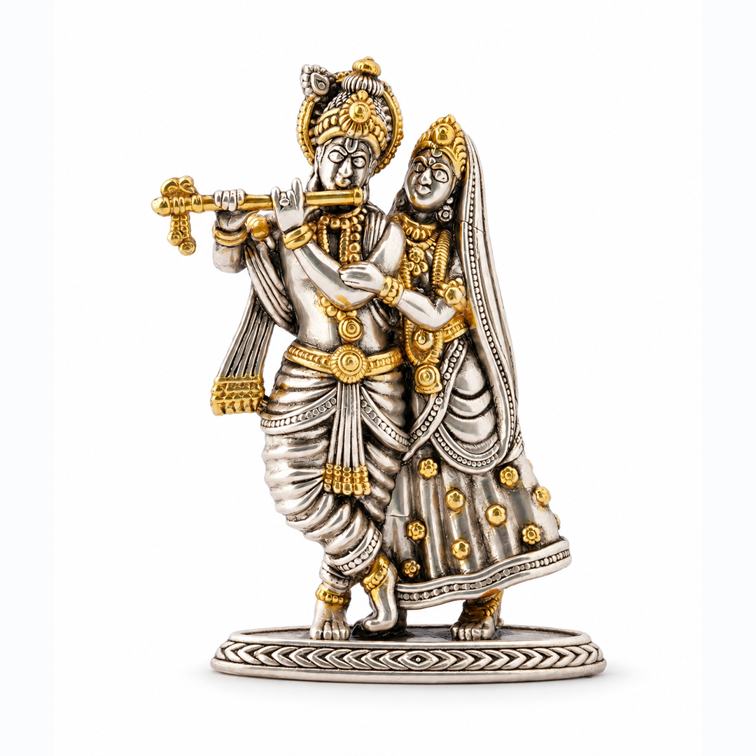 Antique Silver & Gold Tone Radha Krishna Idol with Flute