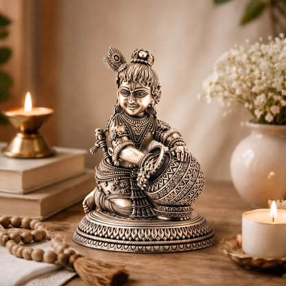 Antique Silver Tone Bal Krishna Idol with Matki