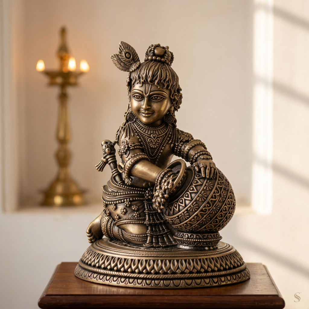 Antique Silver Tone Bal Krishna Idol with Matki