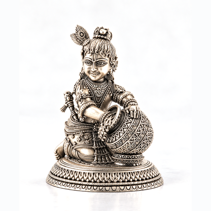 Antique Silver Tone Bal Krishna Idol with Matki