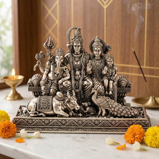 Antique Finish Shiva Parivar Idol with Nandi & Peacock