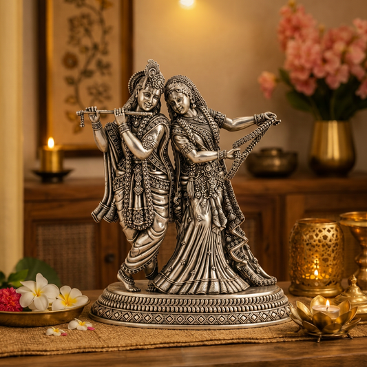 Antique Silver Tone Radha Krishna Idol with Flute & Garland