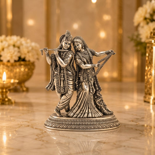 Antique Silver Tone Radha Krishna Idol with Flute & Garland
