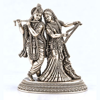 Antique Silver Tone Radha Krishna Idol with Flute & Garland