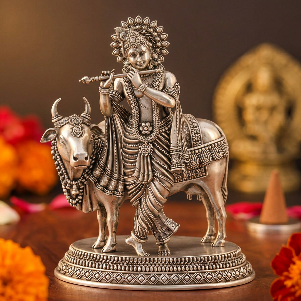 Antique Silver Tone Lord Krishna with Cow Idol