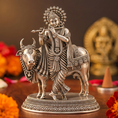 Antique Silver Tone Lord Krishna with Cow Idol