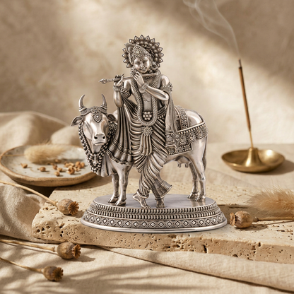 Antique Silver Tone Lord Krishna with Cow Idol