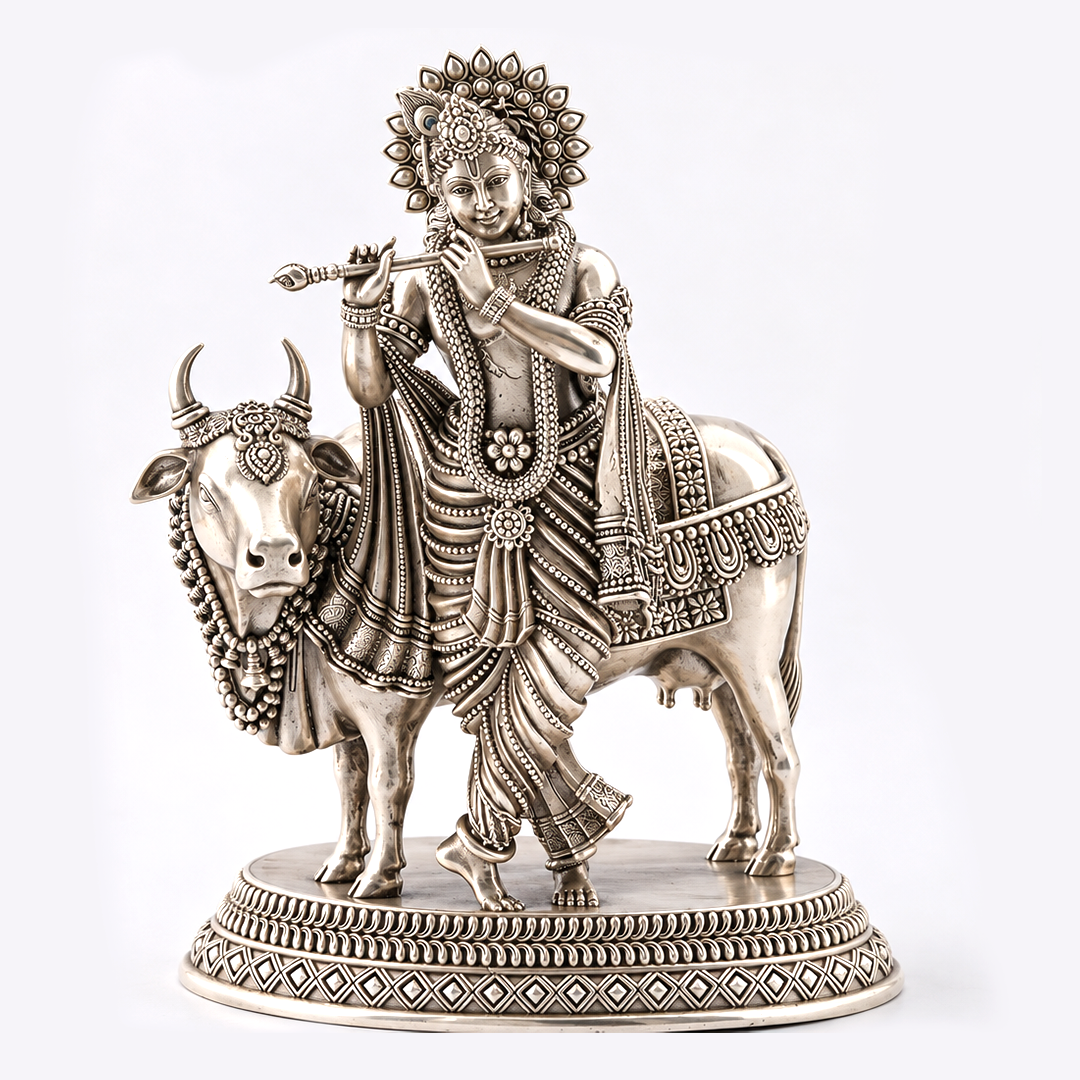 Antique Silver Tone Lord Krishna with Cow Idol