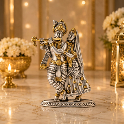 Antique Silver & Gold Tone Radha Krishna Idol with Flute