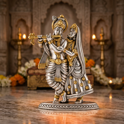 Antique Silver & Gold Tone Radha Krishna Idol with Flute