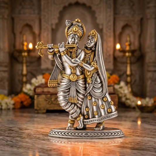 Antique Silver & Gold Tone Radha Krishna Idol with Flute