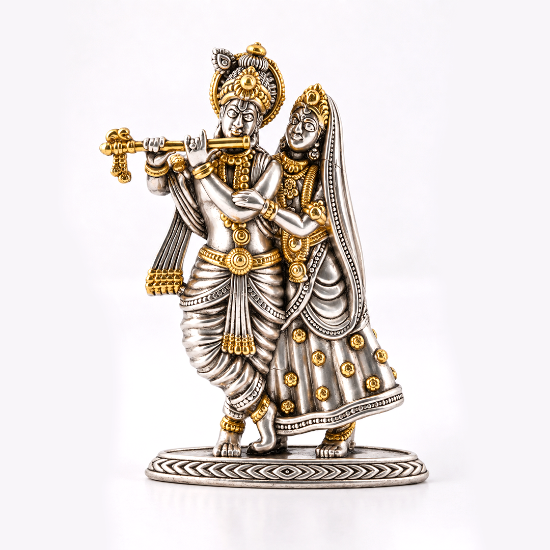 Antique Silver & Gold Tone Radha Krishna Idol with Flute