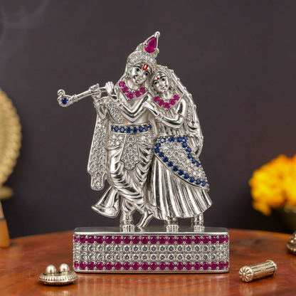 Silver Tone Radha Krishna Idol with Flute & Pink Blue Stone Work