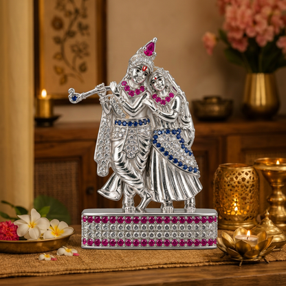Silver Tone Radha Krishna Idol with Flute & Pink Blue Stone Work