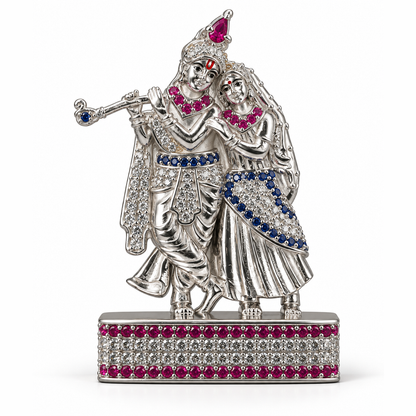 Silver Tone Radha Krishna Idol with Flute & Pink Blue Stone Work