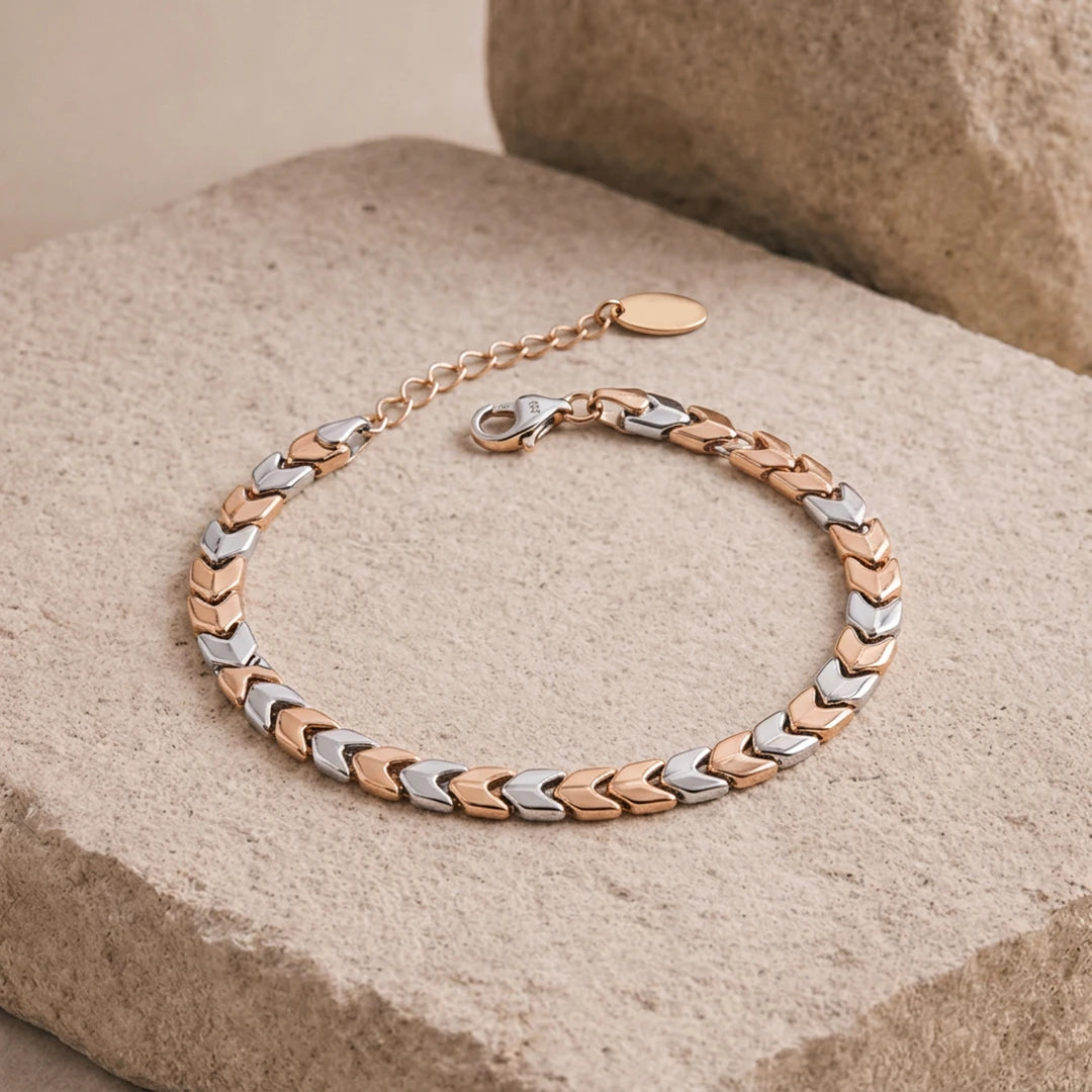 Dual-Tone Chevron Link Ladies Bracelet | 925 Sterling Silver
