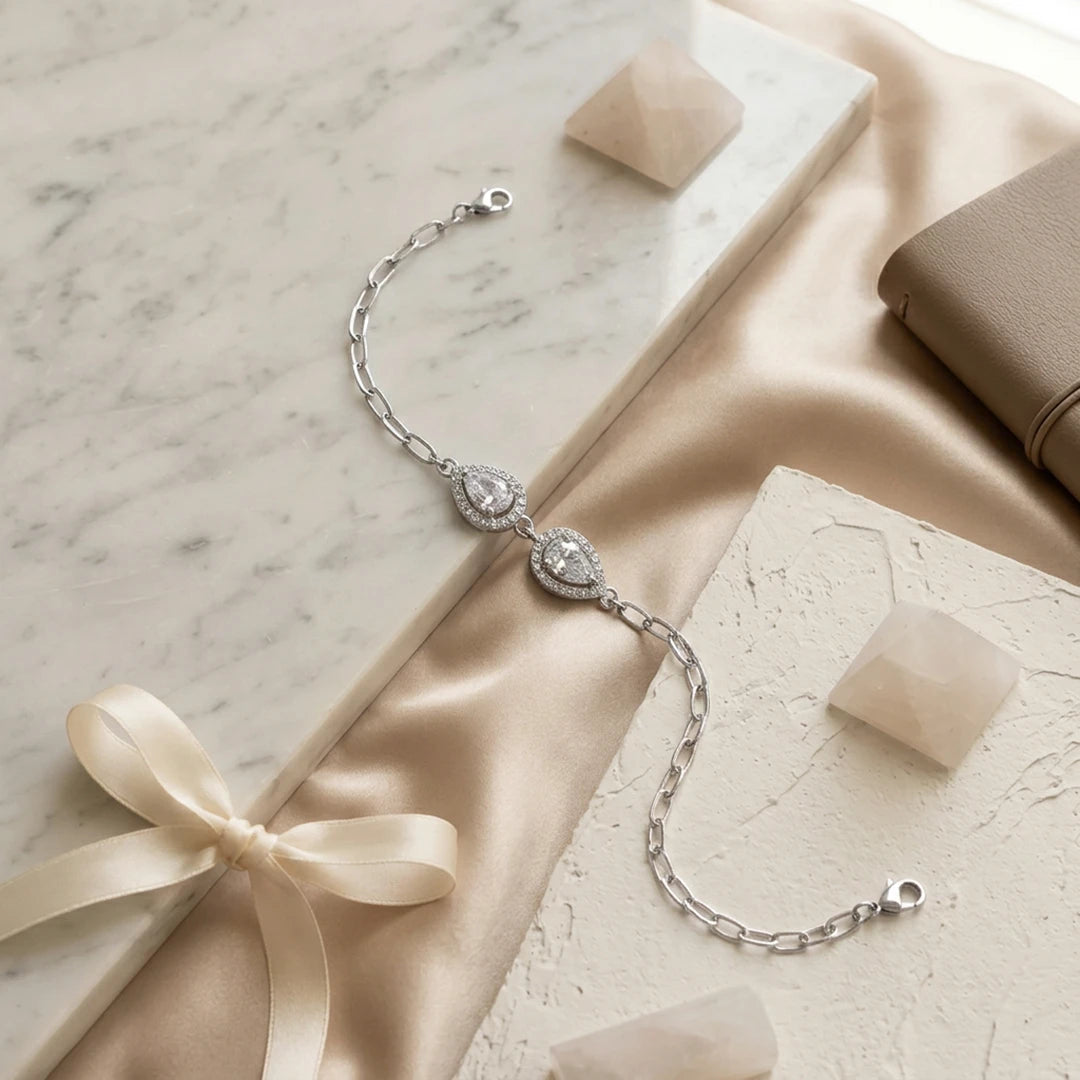 Pear Duo Halo Link Ladies Bracelet — 925 Sterling Silver