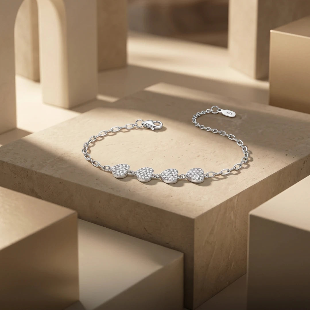 Four Heart Pavé Ladies Bracelet | 925 Sterling Silver