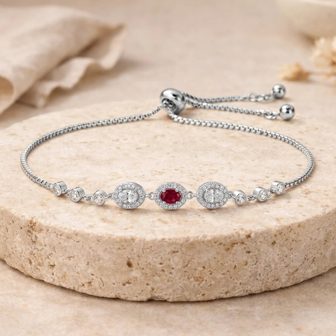 Crimson Oval Trio Halo Ladies Bracelet | 925 Sterling Silver