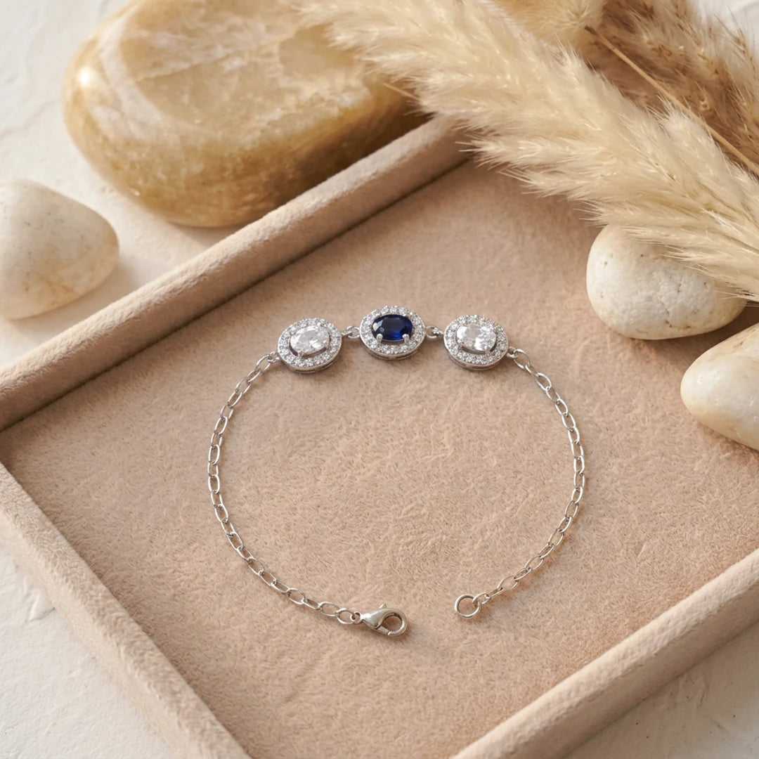 Blue Oval Trio Halo Ladies Bracelet | 925 Sterling Silver
