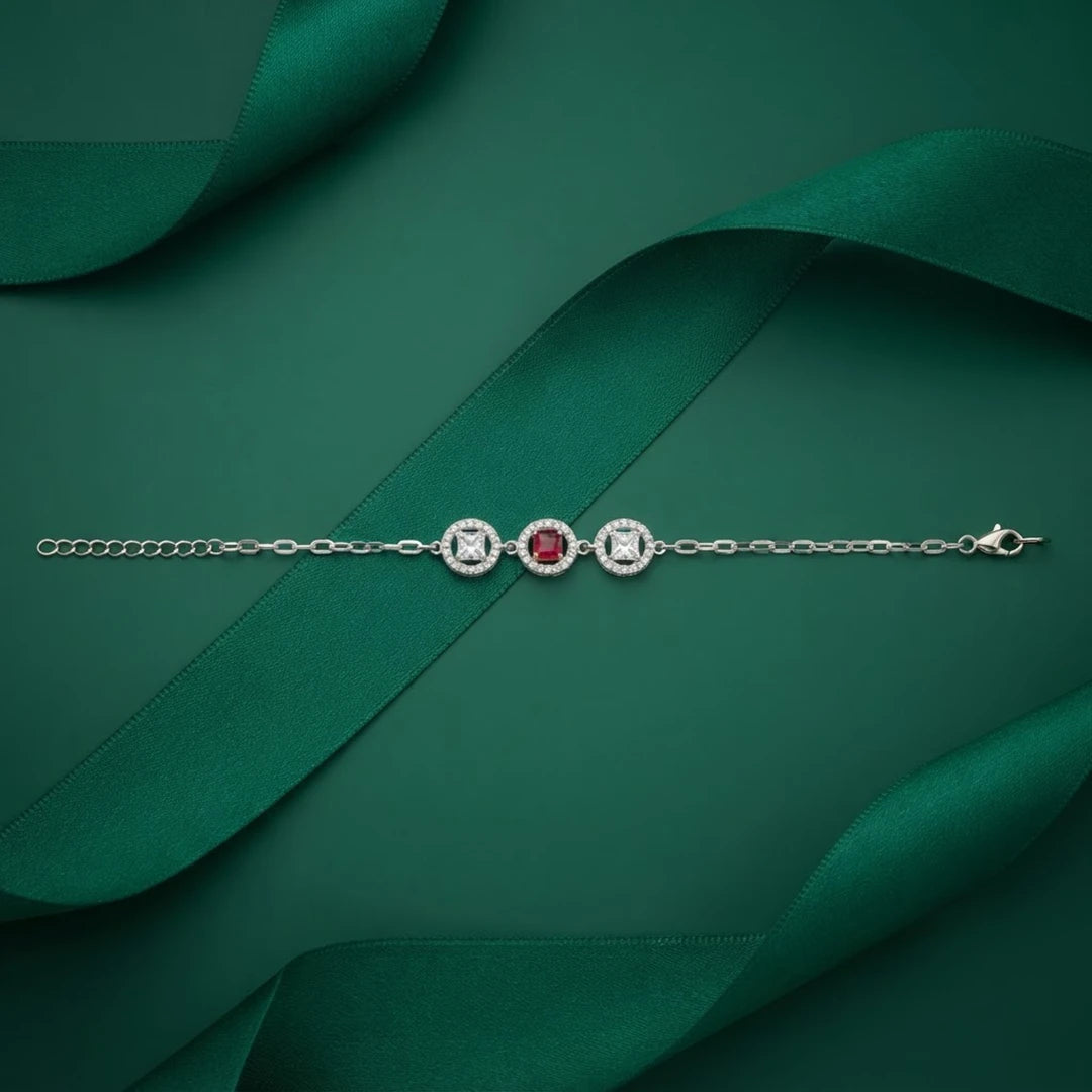 Crimson Square Trio Halo Ladies Bracelet | 925 Sterling Silver