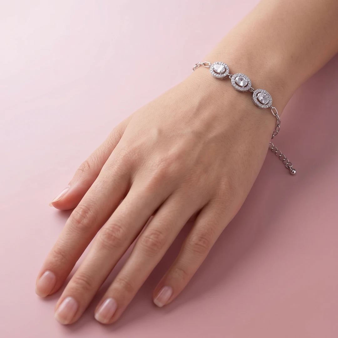 Three-Stone Halo Link Ladies Bracelet | 925 Sterling Silver