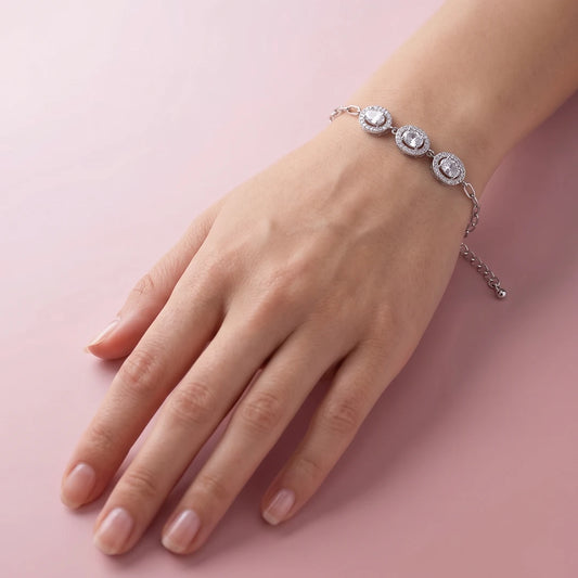Three-Stone Halo Link Ladies Bracelet | 925 Sterling Silver