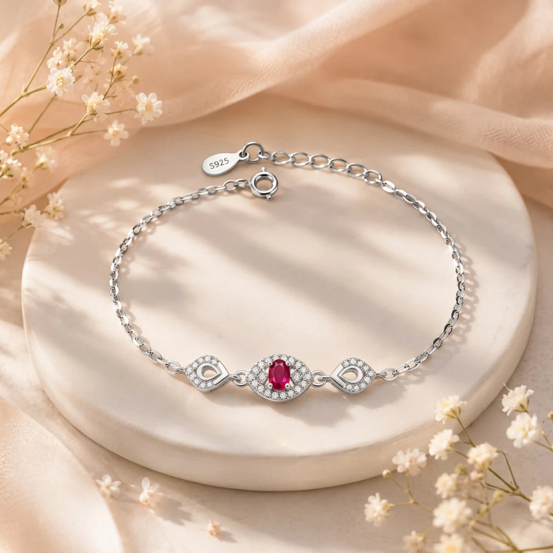 Ruby Marquise Halo Ladies Bracelet | 925 Sterling Silver