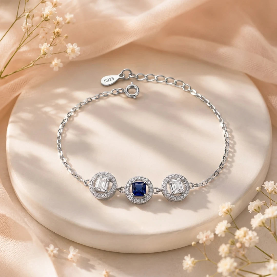 Royal Blue Trio Halo Link Ladies Bracelet | 925 Sterling Silver